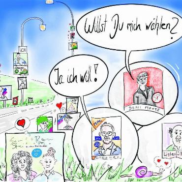 Politik mit Herz und viel Liebe - Die kommenden Wahlen beschäftigen auch unsere Karikaturistin. Sie schreibt dazu: «Nun gaffen sie mich schon seit vielen Wochen an. Die Köpfe auf all den Tausenden von Wahlplakaten. Anstatt mich aufzuregen, habe ich mir lieber den Spass erlaubt, während der Fahrt durchs Freiamt an das Thema «Partnervermittlung – Elitepartner» zu denken. So komme ich doch schon ins Schmunzeln, auch ob all den Listenverbindungen. Und wenn man die Wahlen mal etwas satirisch anguckt – Politik mit Herz und viel Liebe würzt –, wird das kühle Thema auch viel lustiger.» Viel Spass beim Wählen, Panaschieren, Kumulieren und Verkuppeln wünscht also Etschgi. Bild: Etschgi