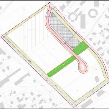 Nur wenige Änderungen - So präsentiert sich die aktualisierte Form des Erschliessungsplans. Sie zeigt den Verlauf der Stichstrasse, den möglichen Ort des Parkhauses (schraffierte Fläche) und den Grünstreifen, der das Areal quert. Bild: pd