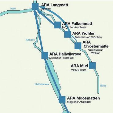 Fusion von Bünztal und Seetal? - Die Grafik zeigt die Fliessrichtung der Abwässer aus dem Seetal und der Region Bünz zur ARA Langmatt in Wildegg. Bild: Archiv