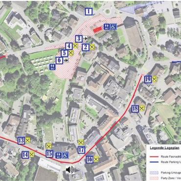 Auch Fasnacht braucht Sicherheit - Die neue Route (rot): Der Fasnachtsumzug startet auf der Bünzstrasse bei der Bünzbrücke und endet beim Restaurant Rössli (Nummer 19). Der Kirchenplatzkreisel bleibt für den Verkehr befahrbar, der Kirchenplatz bleibt zusammen mit dem Isler-Areal Party-Zone.