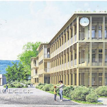 Steuerfuss soll 2027 rauf - So soll das neue Mittelstufenschulhaus Mühlematten später einmal aussehen. Die Investitionen in den Schulraum belasten die Gemeindekasse sehr, darum soll der Steuerfuss 2027 nach oben. Visualisierung: Archiv