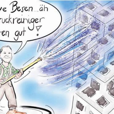 Einsatz für ein kulturelles Gut - Die Aktion ist eine knappe Woche her – Karikaturistin Etschgi ist jedoch immer noch begeistert und setzte Gemeindeammann Roland Vogt in den Mittelpunkt ihrer Zeichnung: «Mit Hochdruck an die Arbeit. Ein Denkmal pflegen braucht Einsatz, und so kann man diesem Denkmal zu neuem Glanz verhelfen. Das ist Einsatz für ein kulturelles Gut. Aber denk mal, Kultur braucht generell neuen Glanz … – und das ist gut so», schreibt sie zur Brunnenputzaktion des Wohler Gemeinderats.
Bild: etschgi