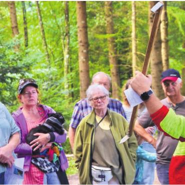 Holz als Wertstoff bewusst machen - Mit dem Meterstock wird kaum noch gemessen, Silvan Meyer führt das traditionelle Werkzeug doch noch vor. Bilder: Thomas Stöckli