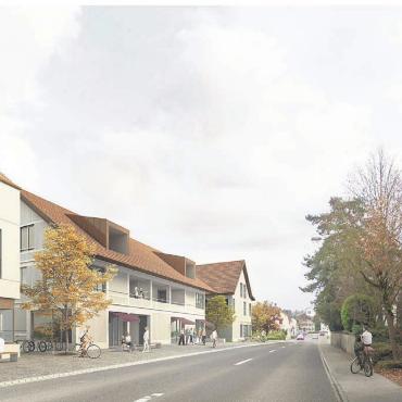 Überbauung belebt Dorfkern - Die Visualisierung der Gebäude, welche an die Hauptstrasse grenzen und den Charakter der ehemaligen Häuser aufnehmen. Bild: zg