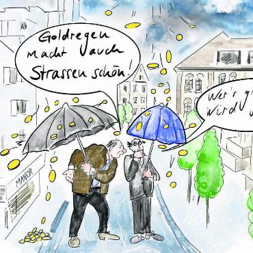 «Etwas unübliche Situation» - Kontroverse Diskussionen rund um die Aufwertung der Zentralstrasse. Selbst der Geldregen (oder Goldregen) wird unterschiedlich betrachtet. Von Bund und Kanton bekommt Wohlen einen Zuschuss von rund 7 Millionen Franken – selbst das wird als Vor- und Nachteil analysiert. Karikatur: Etschgi