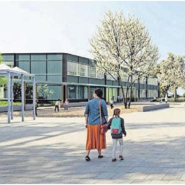 «Znüniöpfel» als Lösung - Das neue Schulhaus (links) und die neue Doppelturnhalle werden in Richtung des Parkplatzes Aettigüpfstrasse stehen. Bilder: zg