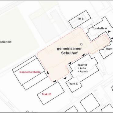 «Znüniöpfel» als Lösung - Das neue Schulhaus und die neue Doppelturnhalle bilden zusammen mit den alten Gebäuden eine Art «U» um einen gemeinsamen Schulhof.