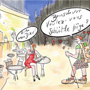 Lernen mit Spass – avec plaisir - «Oh mon Dieu, das Französisch und wir Deutschschweizer», schreibt Karikaturistin Etschgi. Für dieses Bild habe sie mit ihrer Nachbarin gesprochen. «Elle vient de Neuchâtel» und sie gefragt: «Du, wie ist das eigentlich mit dem Deutschlernen in der Romandie?» – «Oh, là, là – Deutsch ist fürchterlich schwierig, all die verschiedenen Fälle, Akkusativ und so weiter! Horrible! Also, das macht uns allen keinen Spass, die anderen Sprachen unseres Landes zu lernen.» Und doch ist es für die Verständigung sehr wichtig. Etschgi: «Vielleicht sollten wir beim Wort Spass ansetzen und die Sprachen lebendig machen, vom Zwang befreien, vom schriftlichen Lernen ‹à la dictée› und von den Noten befreien, und alle, die sprachbegabt und freudig Französisch in der Primarschule lernen wollen, machen lassen, und wer Mühe hat, soll es sein lassen. Aber wir lernen mit Spass. Avec plaisir.» Bild: Etschgi