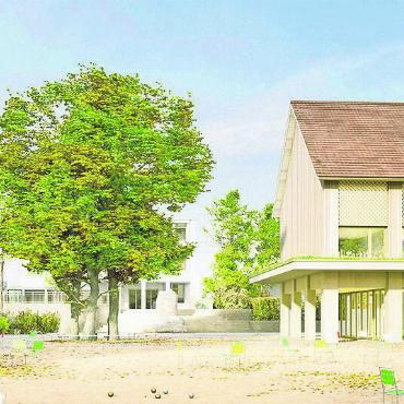 Kultursaal bleibt oben - So soll das neue Gemeindehaus samt Bibliothek und Kultursaal später aussehen, hier von der Kantonsstrasse aus gesehen Richtung Schule. Bild: zg