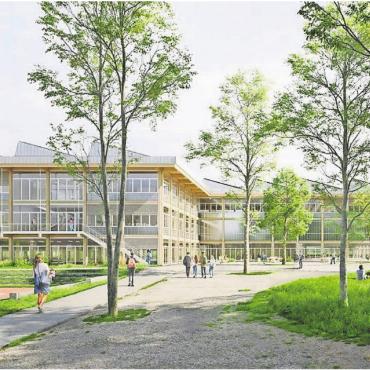 «Hier kommt die Sonne» - Die Aussenansicht des Siegerprojekts: So soll sich die erweiterte Kanti Wohlen zum Schuljahresstart im August 2032 präsentieren. Bild: pd