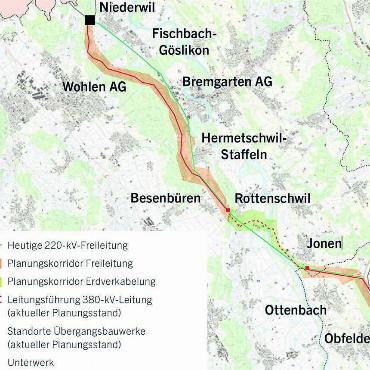 Bestmögliche Lösung finden - Karte zeigt den aktuellen Stand der Planung für das Trassee der neuen Leitung und für die Standorte der Übergangsbauwerke. Bild: zg
