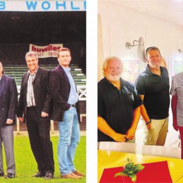20 Jahre später - Fast gleich aufgestellt, aber zwei Jahrzehnte dazwischen. Die Buchmacher von «100 Jahre FC Wohlen». Von links: Georges Heusser, Daniel Marti, Heini Stäger, Sandra Roth-Bächer, Urs Bächer, Hans Hübscher, Stefan Troxler und Felix Bingesser. Layouter Heusser (ganz links) war nicht mehr dabei und wurde durch den damaligen Präsidenten Andy Wyder «ersetzt».