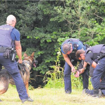 Hand in Hand im Einsatz - Eine beeindruckende Vorführung mit dem Polizeihund: Ein Flüchtender wird vom Hund gestellt und kann abgeführt werden.