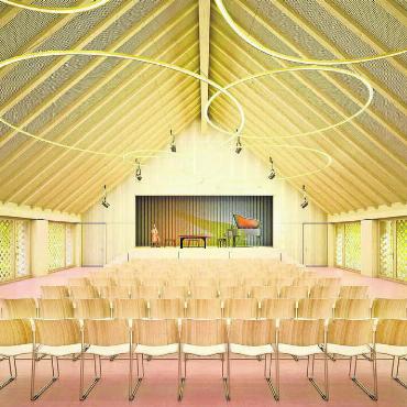 Kultursaal bleibt oben - So soll der neue Kultursaal dereinst aussehen. Für die Mehrheit der Niederwiler ist er im Dachgeschoss am richtigen Ort. Die Dachform gibt dem Raum einen besonderen Charme und verbessert die Akustik. Visualisierung: zg