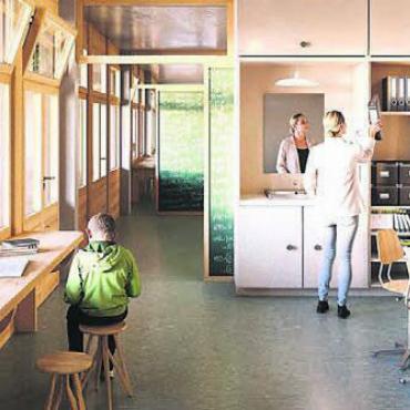 Projekt ist auf Kurs - So könnte ein Zimmer der neuen Mittelstufenschule in Villmergen dereinst aussehen. Mit je nach Bedarf flexibel einsetzbaren Wänden. Visualisierung: zg