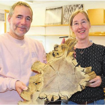 Wichtiger Lagerort - Daniel Nievergelt und Kerstin Treydte zeigen Baumquerschnitte, mit denen sie die Untersuchungen durchführen.
Bild: Roger Wetli