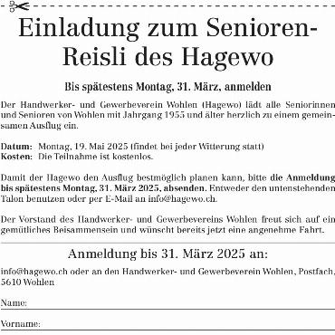 Einladung zum Senioren-Reisli des Hagewo