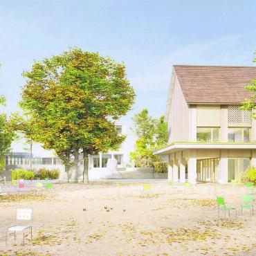 Quasi ein Park als Zugabe - So soll das neue Gemeindehaus samt Bibliothek und Kultursaal aussehen. Es ist auf der Peterhanswiese geplant, direkt neben den Schulanlagen (im Hintergrund sichtbar). Dadurch entsteht ein grosser freier Platz am Ort, wo das Gemeindehaus heute steht. Visualisierung: x-frame / Stoos Architekten AG