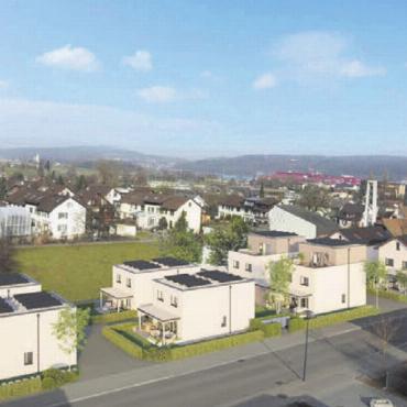 Wohnen an idealer Lage - Direkt vis-à-vis des Kindergartens werden die acht Häuser gebaut. Entweder mit Flachdach, Attikageschoss oder Satteldach. Visualisierung: zg