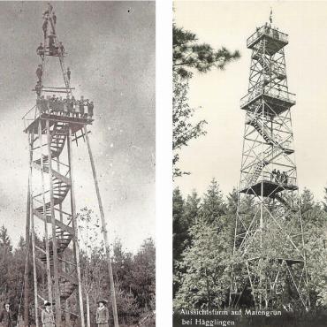 Wichtiger Zeitzeuge - Bilder aus vergangenen Zeiten: Links der erste, 1913 gebaute Turm aus Holz. Rechts der Turm in seiner späteren Form in einer Stahlkonstruktion. Bilder: Archiv