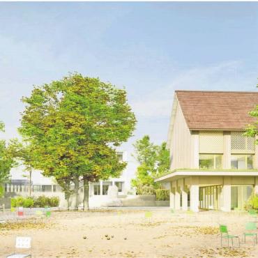Braucht es eine zweite Variante? - So könnte das neue Gemeindehaus dereinst aussehen. In der ursprünglichen Planung ist der Kultursaal im grosszügigen Dachgeschoss. Verschiedene Vereine hätten ihn lieber im Erdgeschoss. Visualisierung: zg