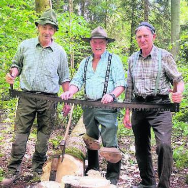 Wie in vergangenen Zeiten - Beat Bossert, Armin Huber und Max Stöckli (von links) fällen einen Baum mit einer Schrotsäge – und reiner Muskelkraft.