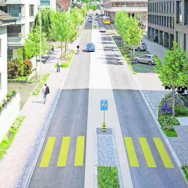 «So gut und günstig wirds nie mehr» - So soll die Zürcherstrasse bald aussehen: viel Grün mit Bäumen, Blumen-Rabatten, neuen Fussgängerstreifen, Strassen-Mittelstreifen und grosszügigen Trottoirs. Alles abgestimmt auf Schwesterprojekte wie die neue ÖV-Drehscheibe (im Hintergrund rechts).