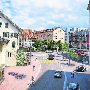 Quantensprung möglich - Zentralstrasse und «Bären»-Kreuzung der Zukunft: mit neuen Bäumen, neuer Pflästerung, mehr Platz für Fussgänger. Visualisierung: pd