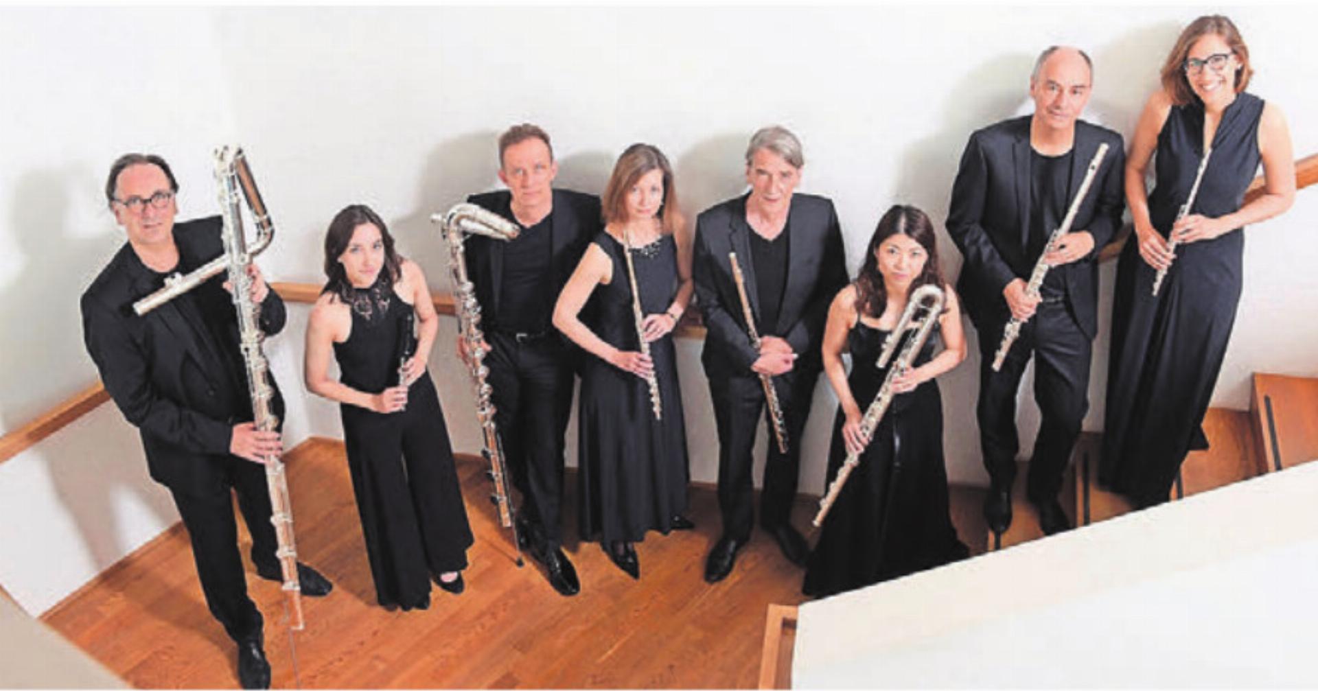 Das Flötenoktett «Les joueurs de flûte» spielt die gesamte Instrumentenpalette. Bild: zg - Das Bild wird blockiert. – Möglicherweise durch einen aktiven Adblocker.