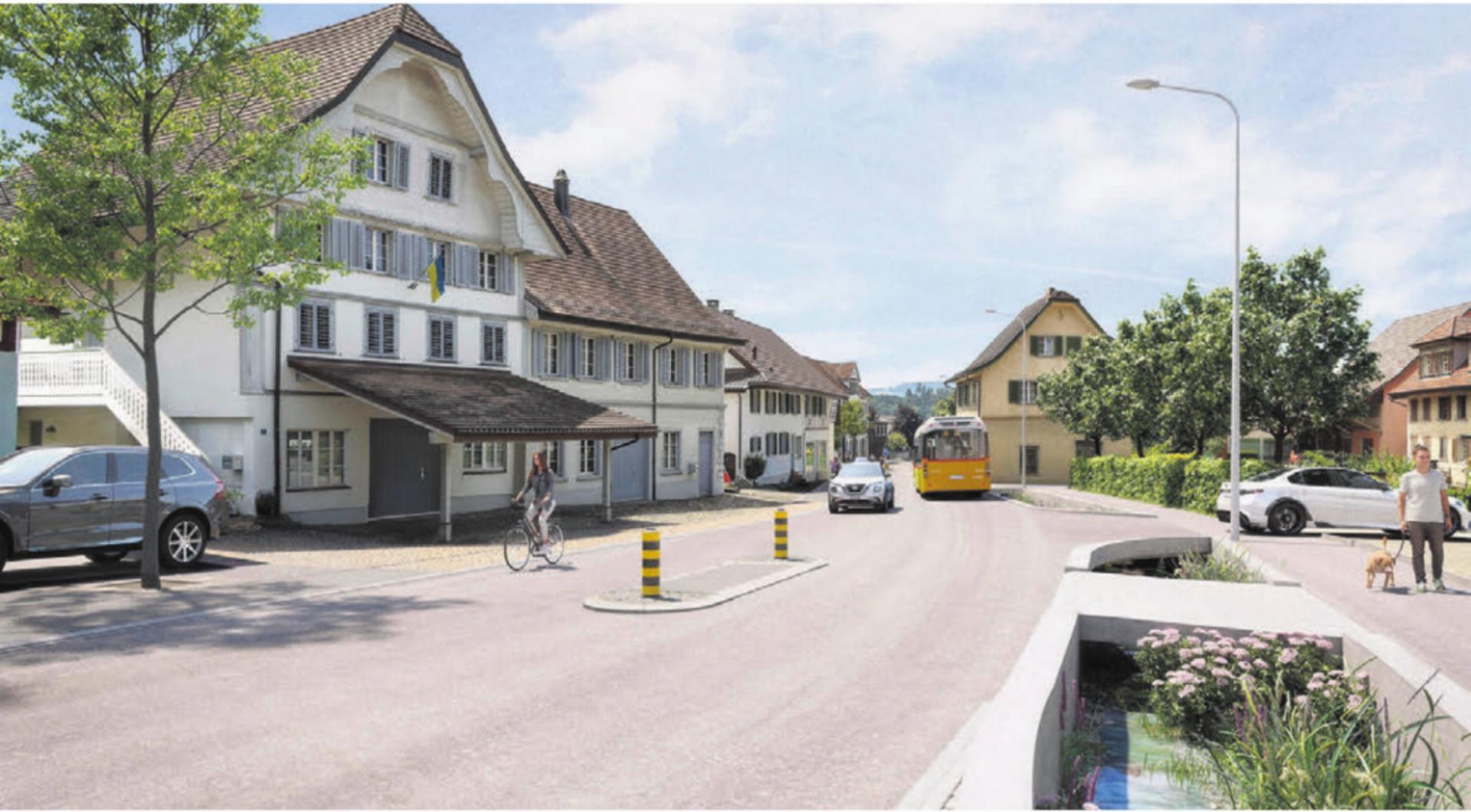 So könnte die Marktstrasse (hier Höhe Volg) später einmal aussehen. Mit der Bachöffnung als klarer Mehrwert. Visualisierung: zg - Das Bild wird blockiert. – Möglicherweise durch einen aktiven Adblocker.