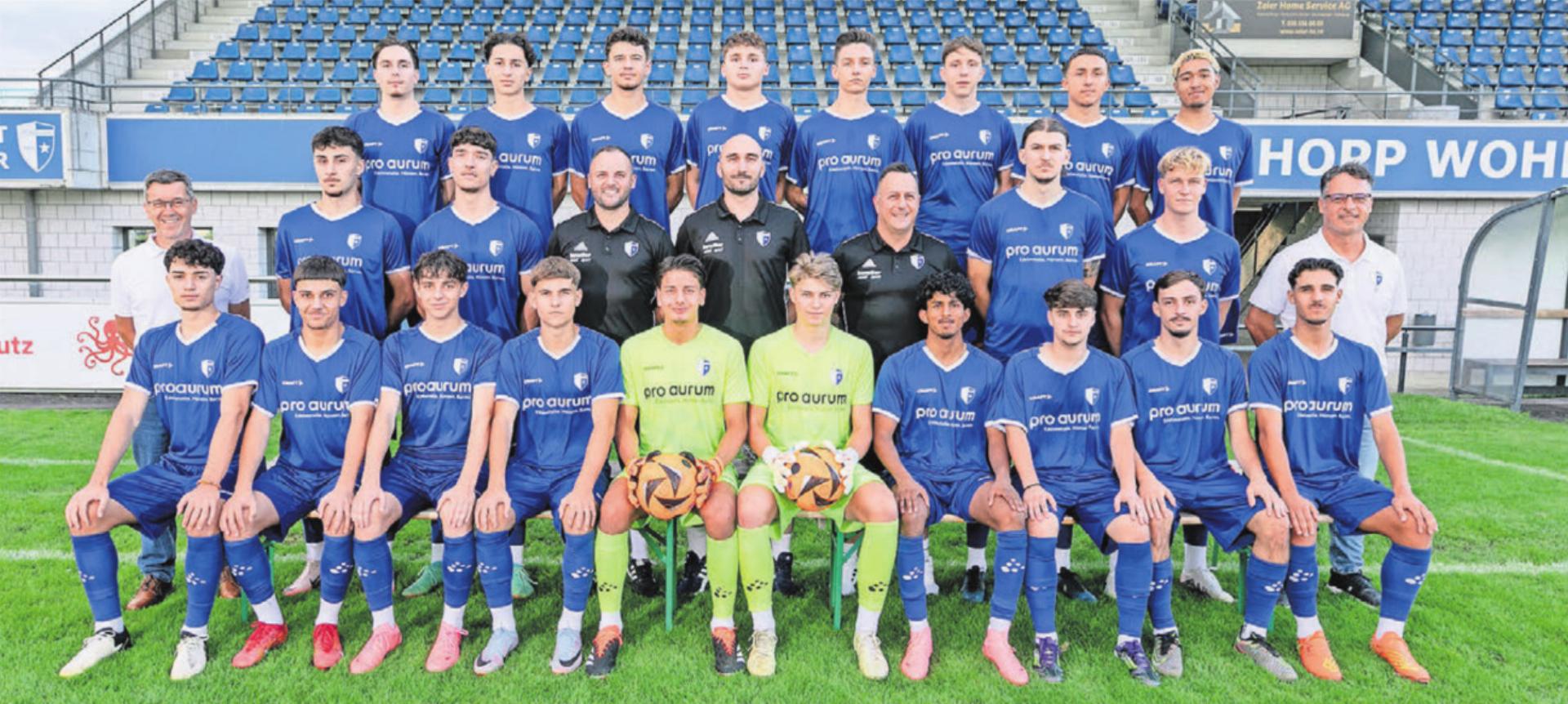 FC Wohlen, Saison 2024/25, hinten, von links: Kenan Domazet, Eyman Avci, Shpejtim Berisha, Lorik Kuqi, Mike Loepthien, Adil Besirevic, Luka Pavlovic, Zoran Filipovic. Mitte: Giusi Aurilio (Teammanager), Ercan Kacir, Marlon Rizzo, Nikola Bozic (Assistenztrainer), Rade Petkovic (Trainer), Maurizio De Lorenzo (Goalietrainer), Damjan Sucur, Sander Kalan, Gregi Trovato (Vorstand Sport). Vorne: Sasha Trovato, Leonard Alimi, Mario Strebel, Djellon Shahini, Cristian Galati, Robin Bruhn, Jerith Jesuratnam, Paris Kasemovic, Ensar Dullovi, Maurizio De Icco. Es fehlen: Dardan Pnishi und Radomir Damjanac (Physio).