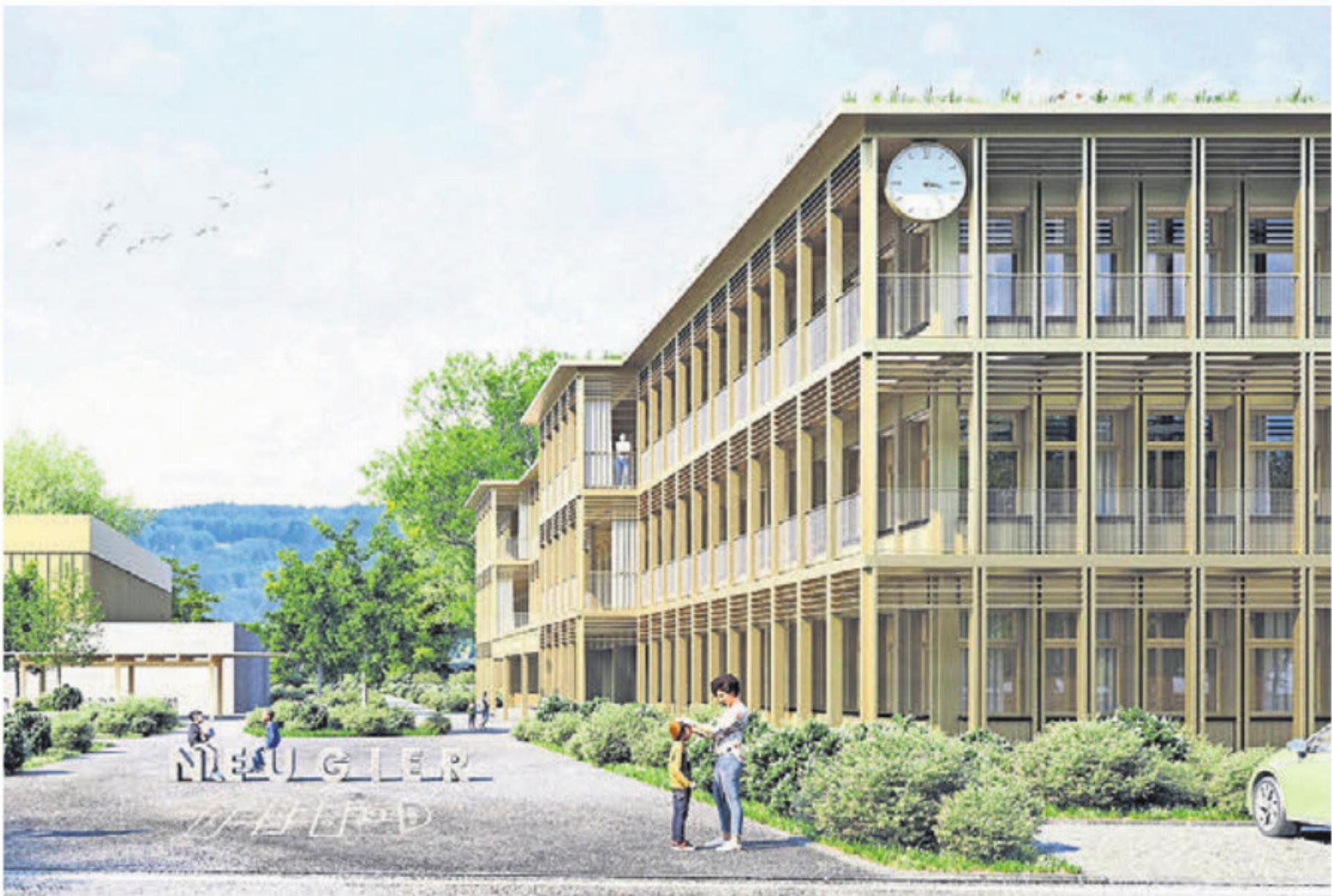 So soll das neue Mittelstufenschulhaus Mühlematten später einmal aussehen. Die Investitionen in den Schulraum belasten die Gemeindekasse sehr, darum soll der Steuerfuss 2027 nach oben. Visualisierung: Archiv - Das Bild wird blockiert. – Möglicherweise durch einen aktiven Adblocker.