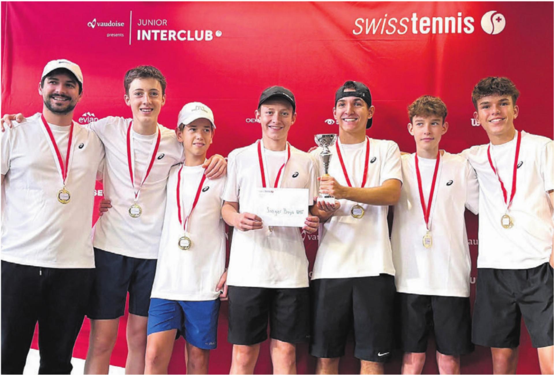 Die Schweizer Meister vom TC Wohlen Niedermatten. Von links: Nathan Eugster (Coach), Nils Hauck, Luca Botan, Robin Giger, Seraphin Langer, Lias Parpan und Miguel Molinari. Bild: zg - Das Bild wird blockiert. – Möglicherweise durch einen aktiven Adblocker.