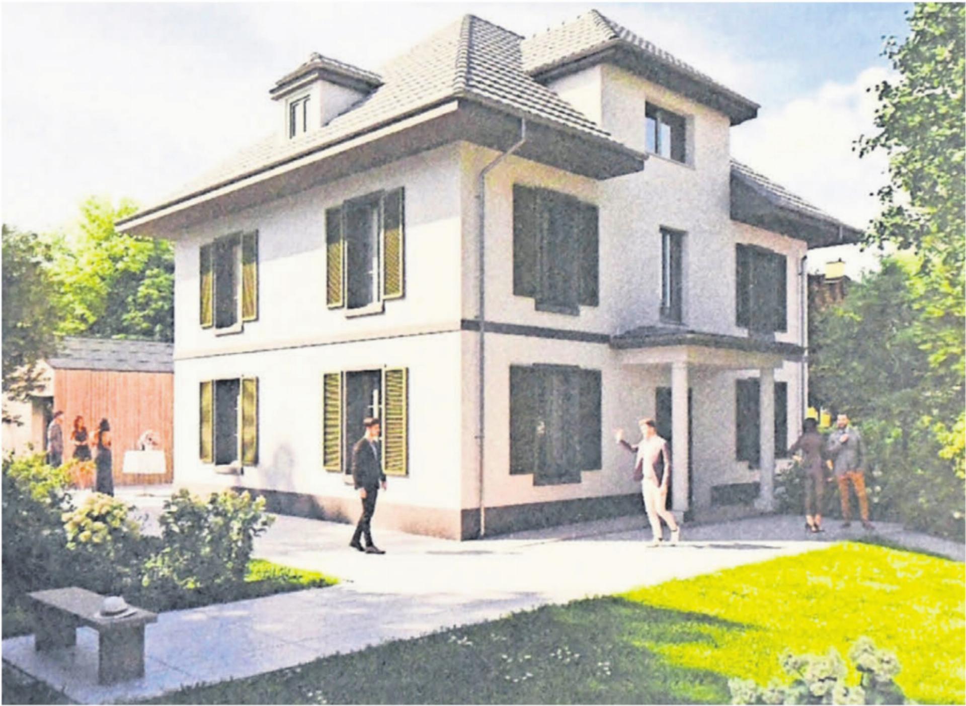 So hätte das Zivilstandsamt an der Bünzstrasse 3 im Park des Strohmuseums aussehen sollen. Für das Traulokal war ein Anbau geplant. Daran störte sich aber eine grosse Mehrheit der Ortsbürger. Visualisierung: Archiv - Das Bild wird blockiert. – Möglicherweise durch einen aktiven Adblocker.