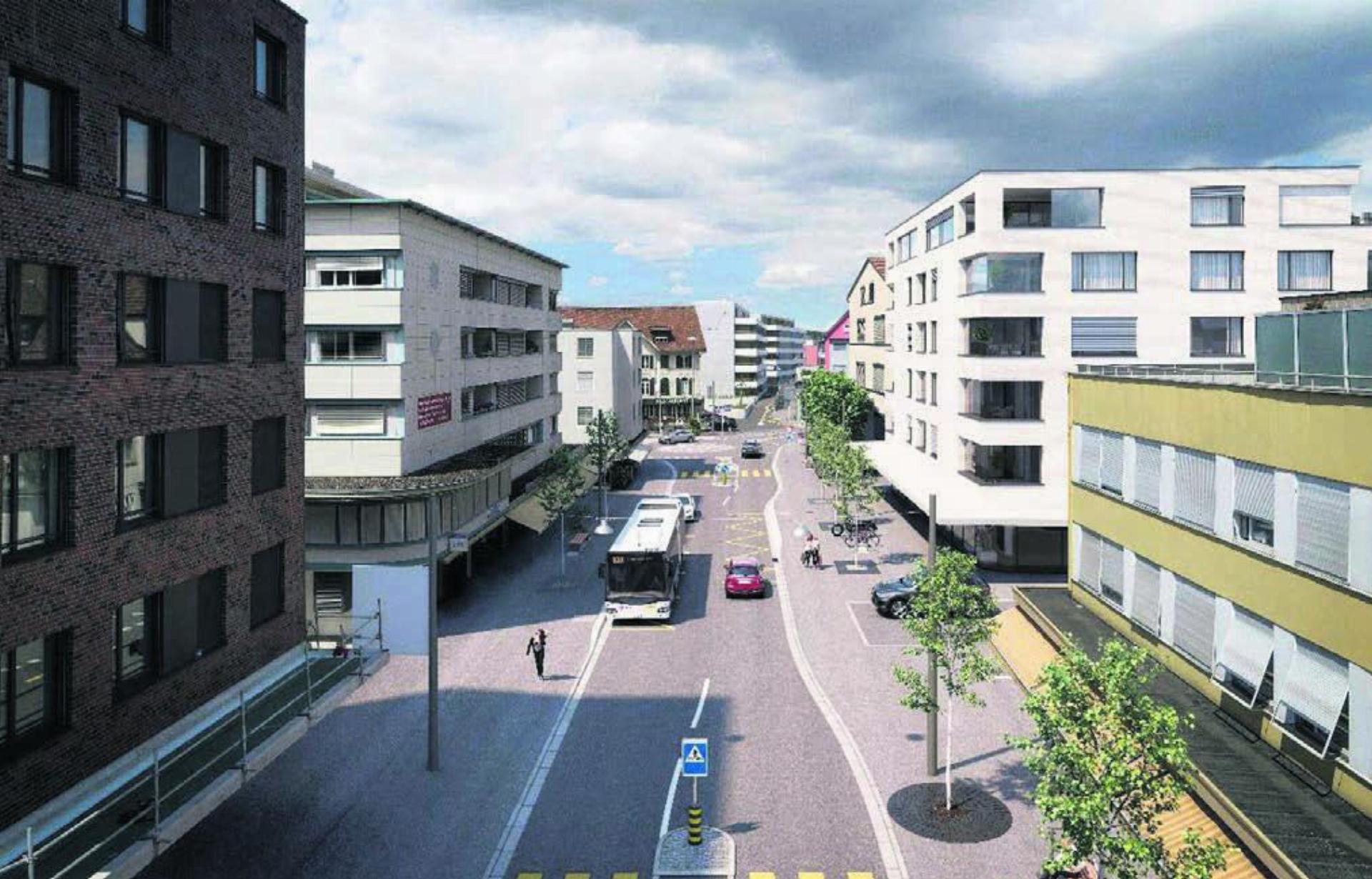 Die Aufwertung der Zentralstrasse vom Postplatz her betrachtet: 14 Jahre lange wurde diskutiert und geplant, nun darf endlich der Einwohnerrat über das Projekt debattieren. Bild: pd