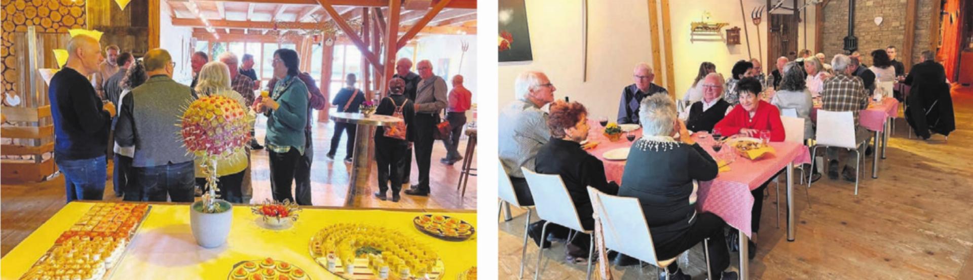 So lässt es sich geniessen: Erst gab es einen feinen Apéro (links), dann eine kurze Ansprache durch den Präsidenten und schliesslich den Fondueplausch (rechts). Bilder: zg
