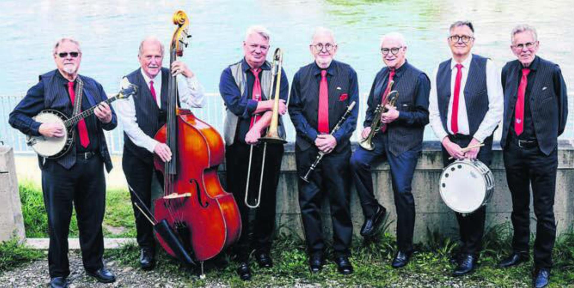 «Horner’s Winter Garden Jazz Orchestra». Von links: Willy-Marc Schmid, Andres Brändli, Denis Liechti, Christoph Aeschbach, Jean-Claude Guillod, Pitsch Bachmann, Kurt Fricker. Bild: pd