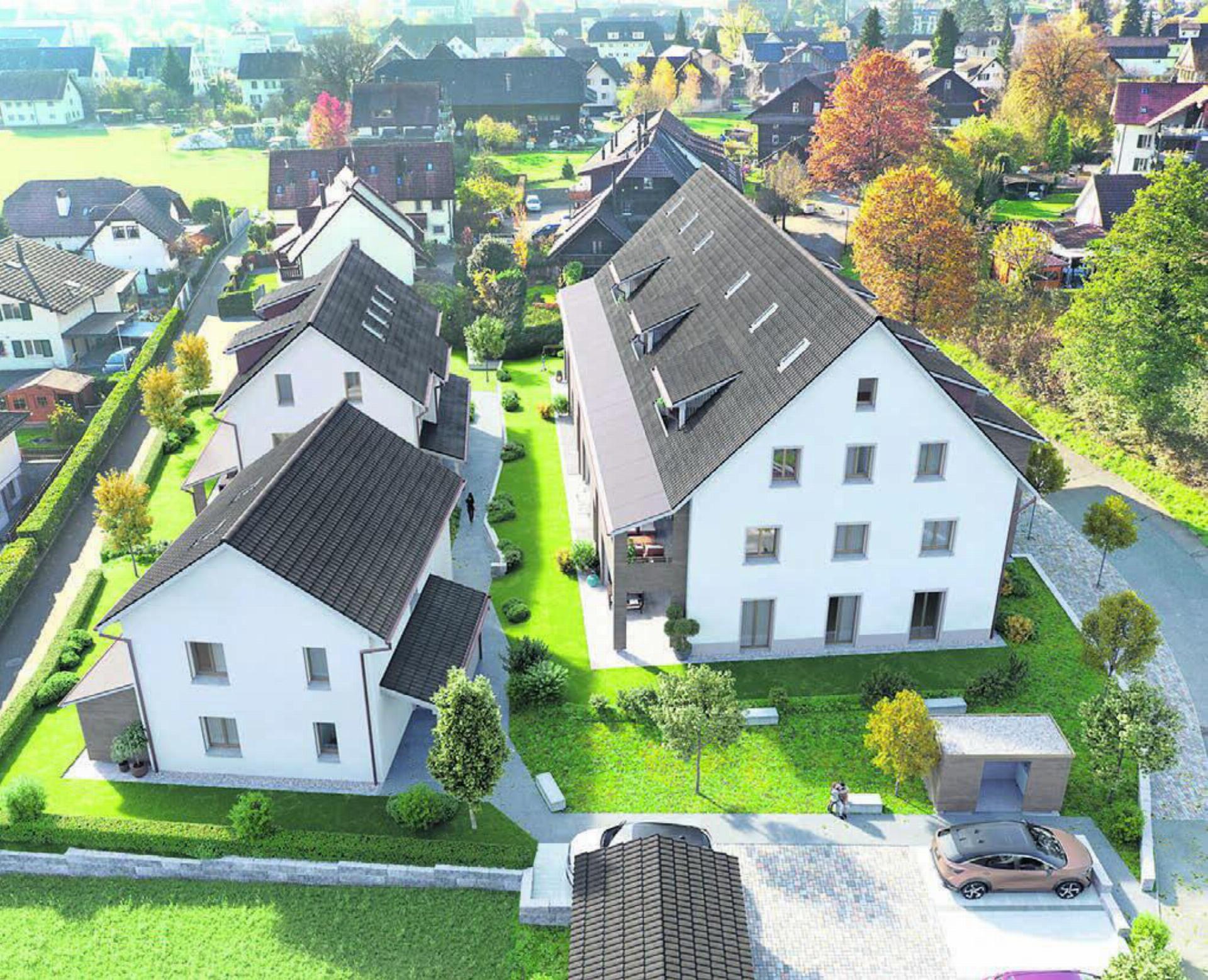 Die Visualisierung zeigt, wie sich die Überbauung zwischen Bachstrasse und Kirchweg einbetten wird. Bild: zg