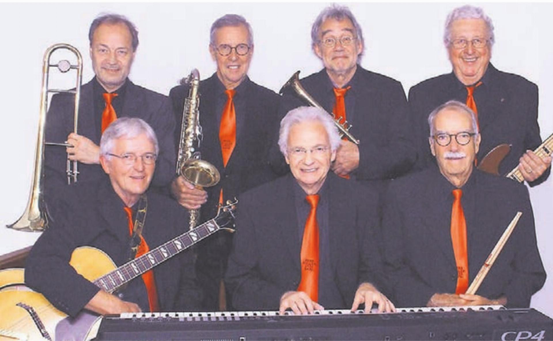 Die Herb Miller Jazz Band: Herb Müller, Piano, Gesang; Markus Hächler, Trompete; Jürg Morgenthaler, Klarinette, Saxofon; John Service, Posaune; Heinz Gysin, Gitarre, Banjo; Rolf Eichenberger, Bass, und Daniel Hofmann, Schlagzeug. Bild: zg - Das Bild wird blockiert. – Möglicherweise durch einen aktiven Adblocker.