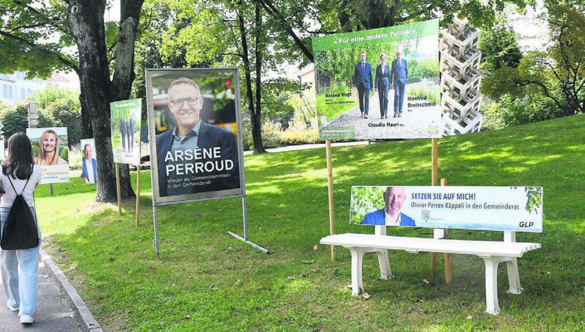 Nun gibt es auch einen Wahlkampf um das Amt des Vizeammanns. Der Kandidat der Grünliberalen Olivier Parvex ist sehr präsent. Er spricht die Wählerschaft mit einer Sitzbank direkt und originell an. Bilder: dm/pd
