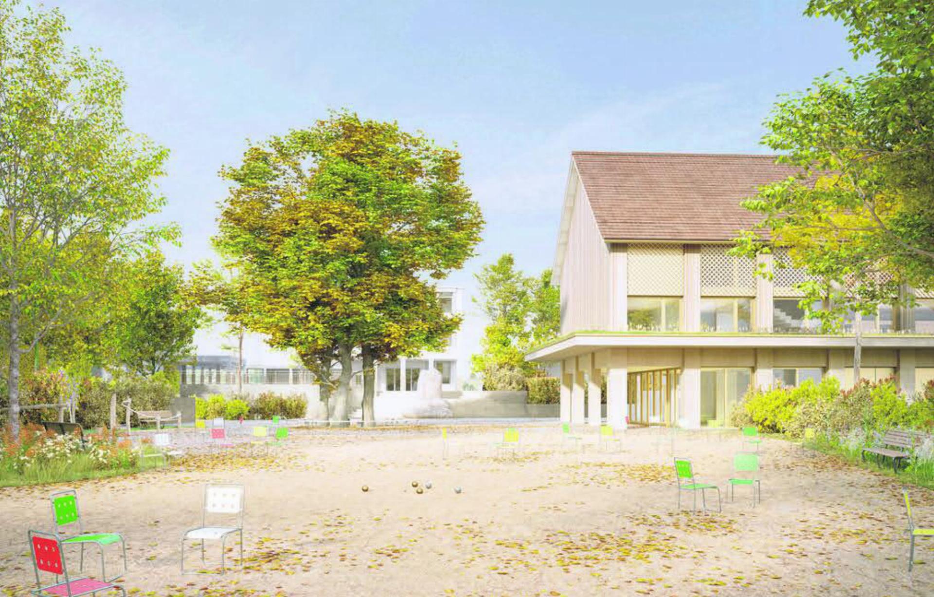 So soll das neue Gemeindehaus samt Bibliothek und Kultursaal aussehen. Es ist auf der Peterhanswiese geplant, direkt neben den Schulanlagen (im Hintergrund sichtbar). Dadurch entsteht ein grosser freier Platz am Ort, wo das Gemeindehaus heute steht. Visualisierung: x-frame / Stoos Architekten AG