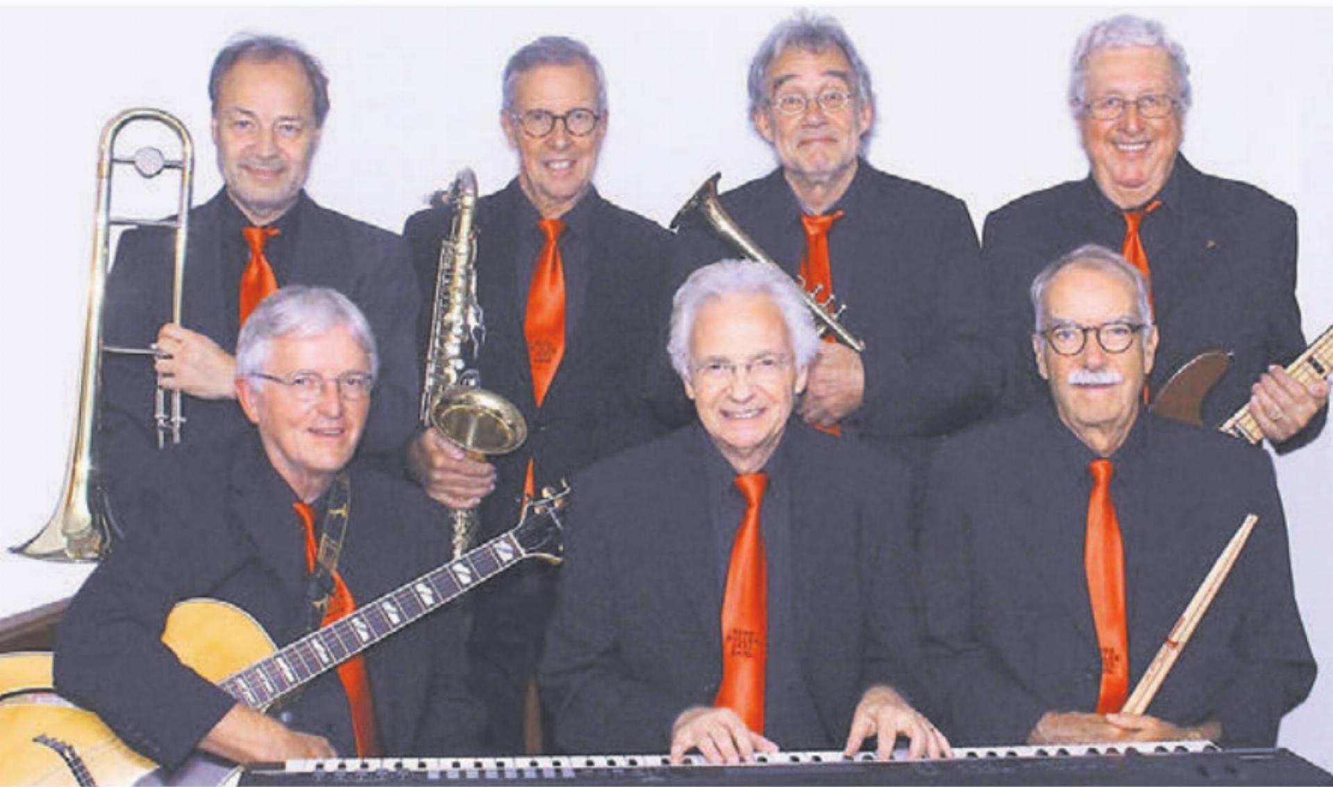 Die Herb Miller Jazz Band: Herb Müller, Piano, Gesang; Markus Hächler, Trompete; Jürg Morgenthaler, Klarinette, Saxofon; Rolf Treichler, Posaune; Heinz Gysin, Gitarre, Banjo; Rolf Eichenberger, Bass; Daniel Hofmann, Schlagzeug. Bild: zg - Das Bild wird blockiert. – Möglicherweise durch einen aktiven Adblocker.