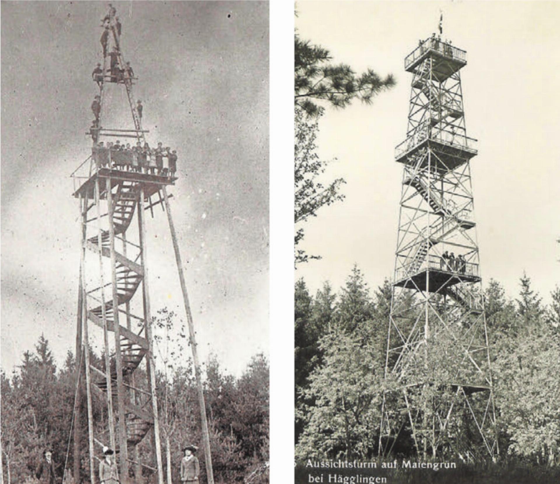 Bilder aus vergangenen Zeiten: Links der erste, 1913 gebaute Turm aus Holz. Rechts der Turm in seiner späteren Form in einer Stahlkonstruktion. Bilder: Archiv