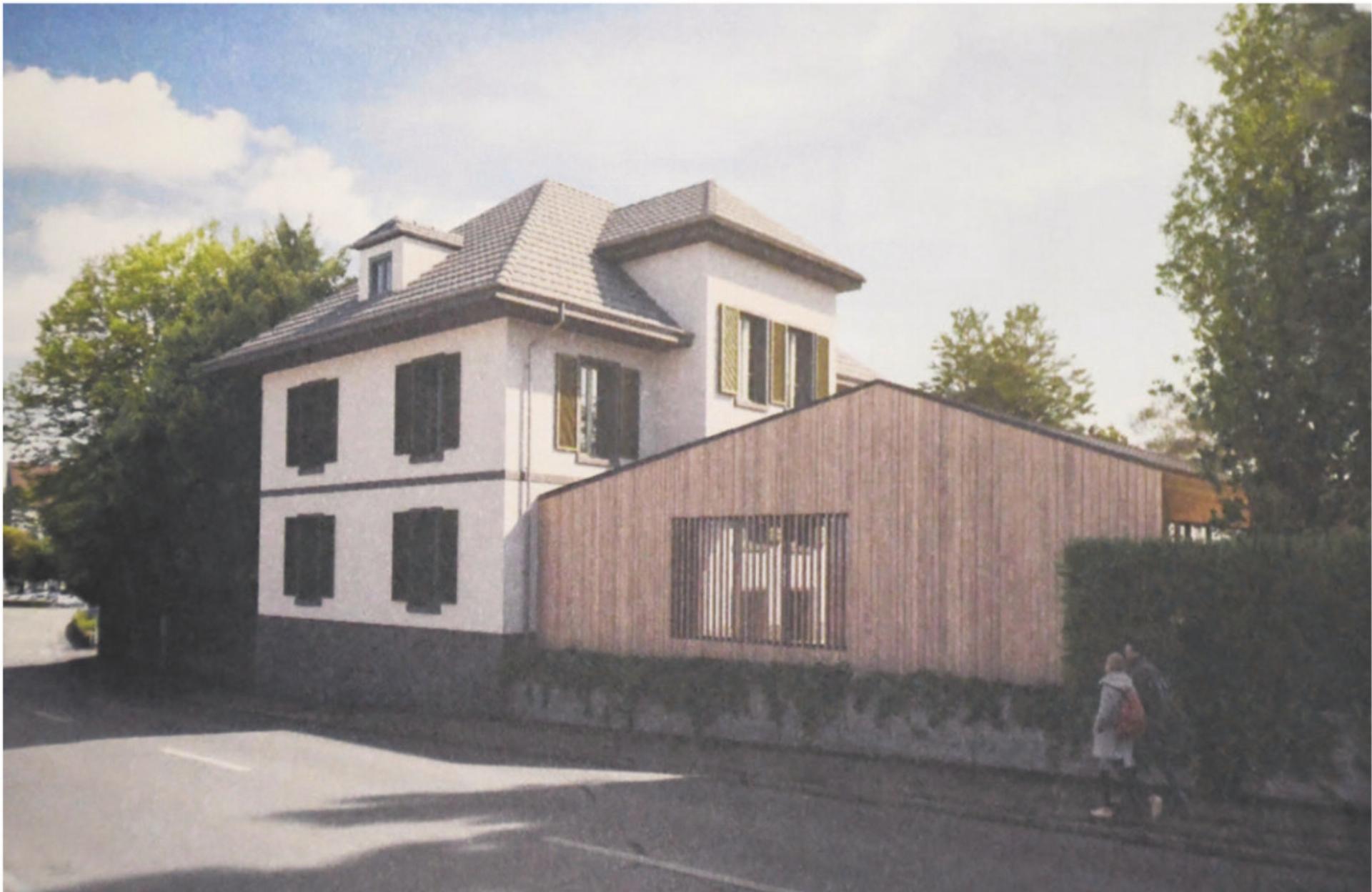Pavillonartiger Bau in Holzbauweise neben dem historischen Gebäude: Das Bauprojekt, Anbau Liegenschaft Bünzstrasse 3, gefällt vielen Ortsbürgerinnen und Ortsbürgern nicht. Bild: dm