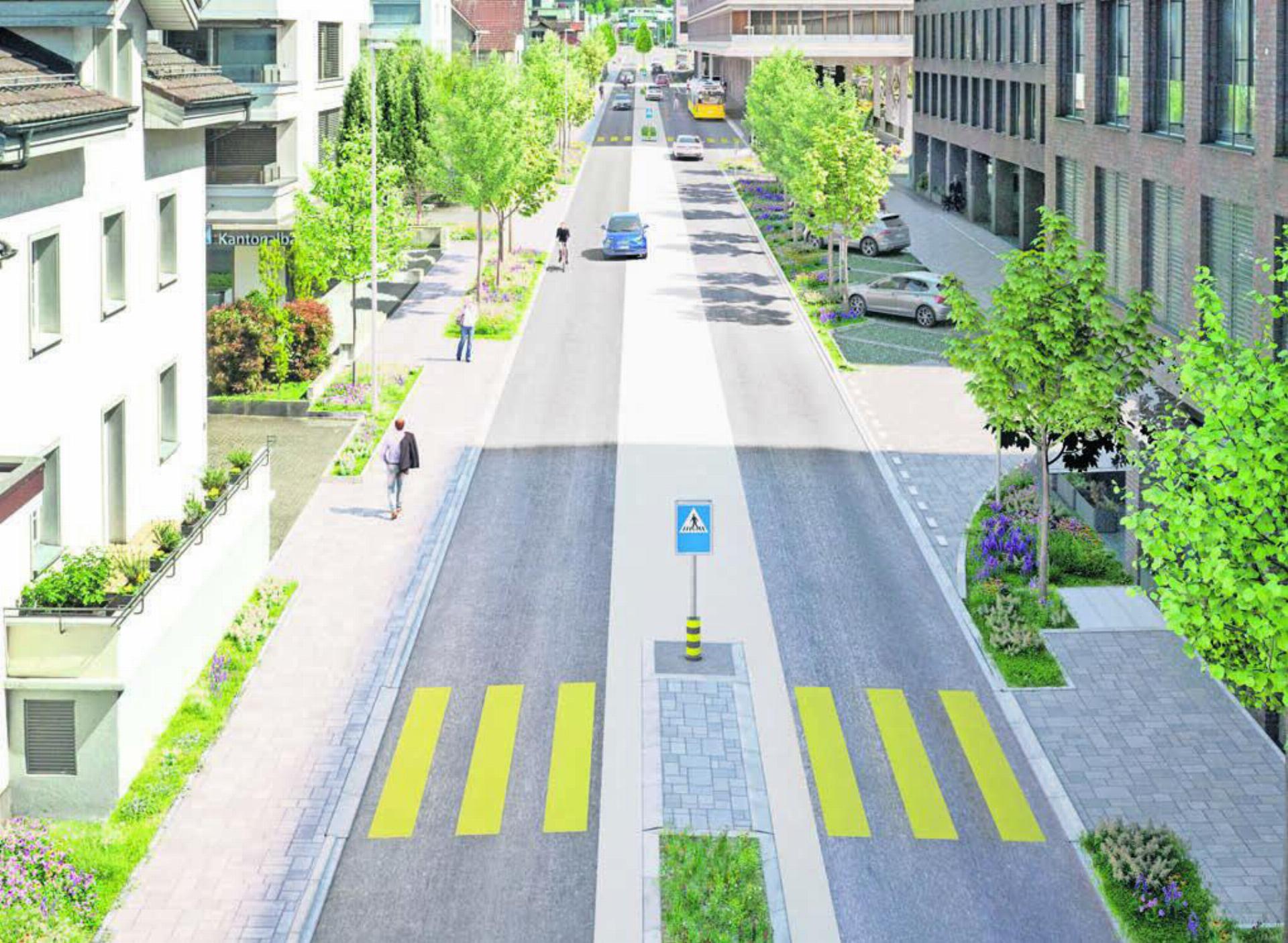 So soll die Zürcherstrasse bald aussehen: viel Grün mit Bäumen, Blumen-Rabatten, neuen Fussgängerstreifen, Strassen-Mittelstreifen und grosszügigen Trottoirs. Alles abgestimmt auf Schwesterprojekte wie die neue ÖV-Drehscheibe (im Hintergrund rechts).