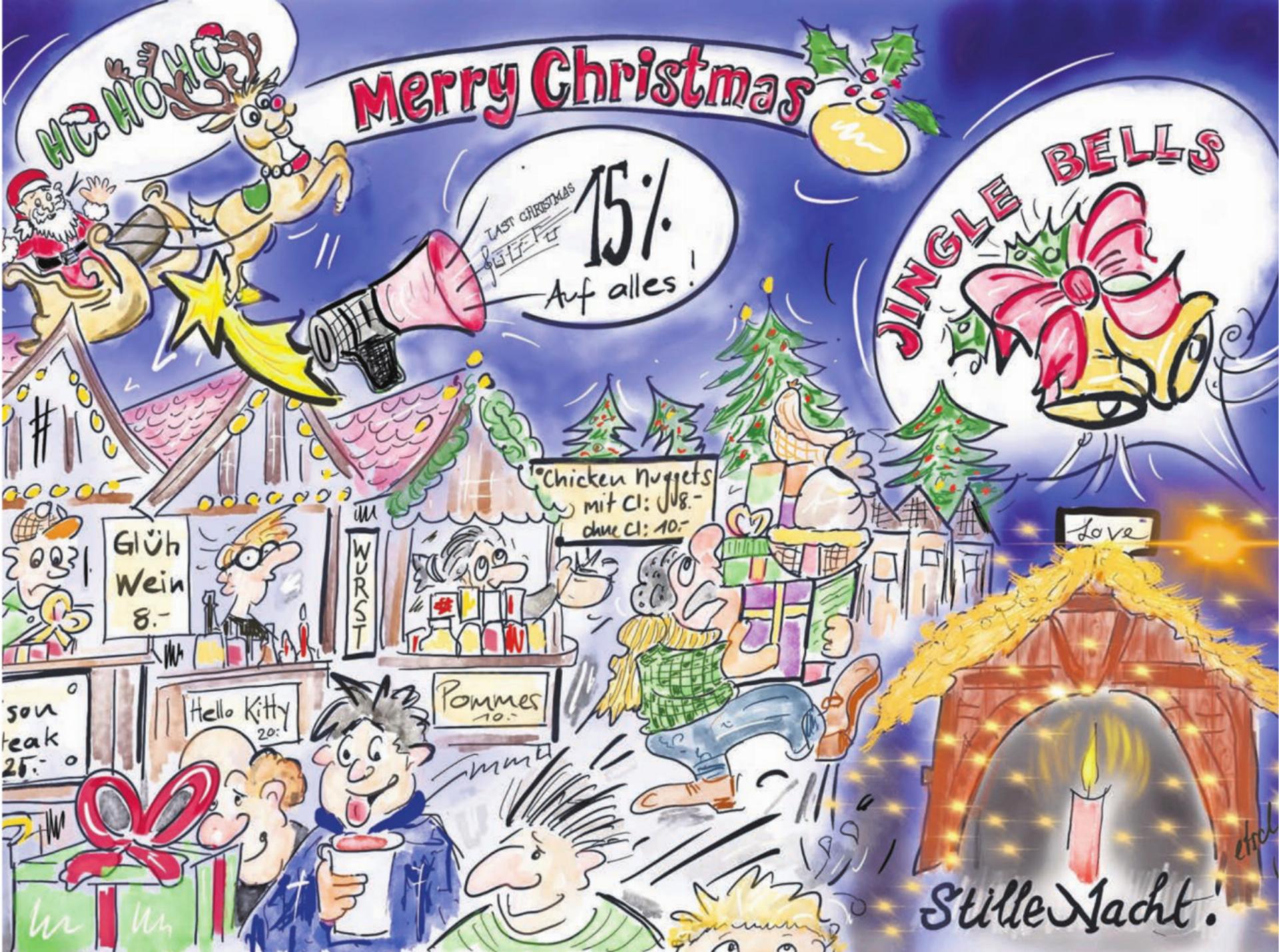 «Mich dünkt, dieses Jahr ist die Weihnachtszeit schnell, laut und sehr amerikanisch geprägt», schreibt Karikaturistin Etschgi. So sei auch ihr Cartoon ausgefallen. «Eben schnell, überladen und very american. Doch hoffe ich, dass alle ihre Ruhe finden und ihre stille Nacht, um das geht es ja eigentlich an Weihnachten.» In diesem Sinne «Frohe Weihnachten» wünschen Etschgi, Redaktion und Verlag. «Und viel Zeit mit den Liebsten.» Etschgi Bild: Etschgi - Das Bild wird blockiert. – Möglicherweise durch einen aktiven Adblocker.
