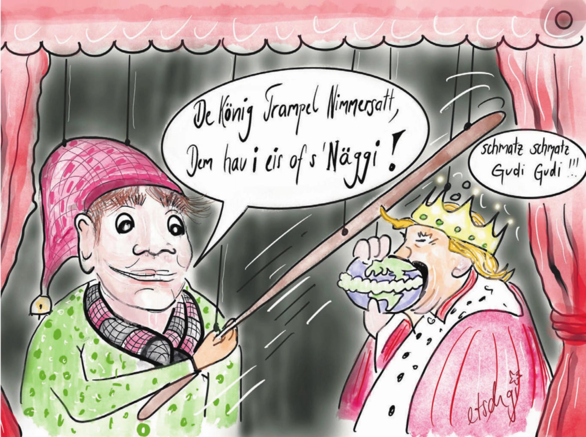 Chasperlitheater ist das Thema der 1976er in Villmergen: Der «Chasperli» findet immer eine Lösung, meist einfache, aber prägnante Lösungen. «Nun in diesem Bild sind die Figuren rein zufällig gewählt … Man darf sich doch auch einmal freuen, wenn man den vermeintlichen Königen eins über die Rübe ziehen kann», schreibt die Karikaturistin Etschgi. «Dafür ist die Fasnacht da. Viel Spass mit euren Gedanken.» Karikatur: Etschgi - Das Bild wird blockiert. – Möglicherweise durch einen aktiven Adblocker.