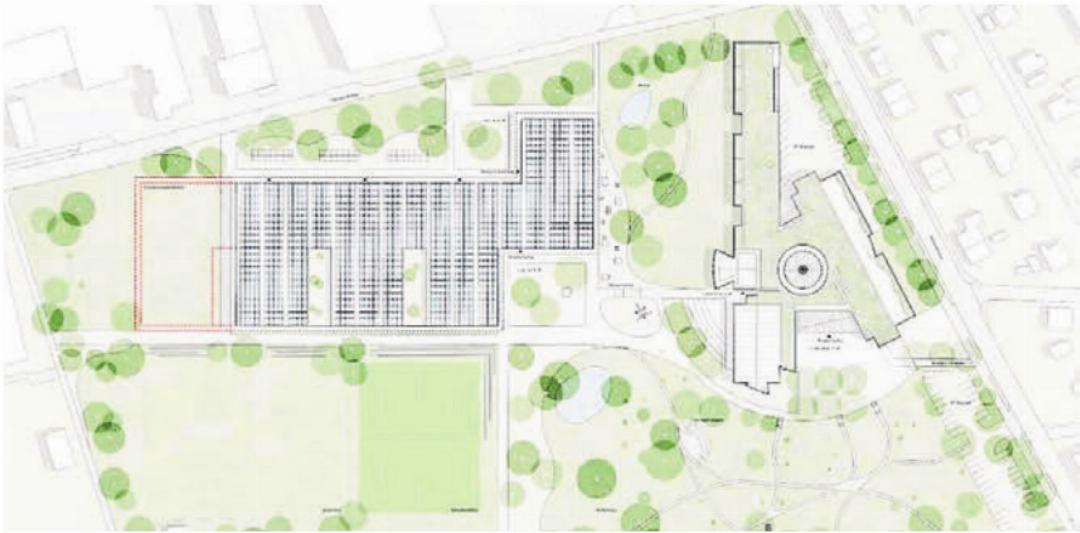 Der Plan zeigt die Anordnung der erweiterten Kanti Wohlen: Das Hauptgebäude (rechts) und das neue Projekt «Here Comes the Sun» (links). Der Plan zeigt die Anordnung der erweiterten Kanti Wohlen: Das Hauptgebäude (rechts) und das neue Projekt «Here Comes the Sun» (links).