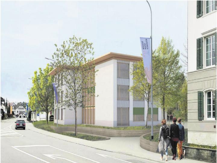 Die Visualisierung zeigt, wie sich das neue Schulhaus dereinst in das Dorfbild integrieren soll. Bild: zg Die Visualisierung zeigt, wie sich das neue Schulhaus dereinst in das Dorfbild integrieren soll. Bild: zg