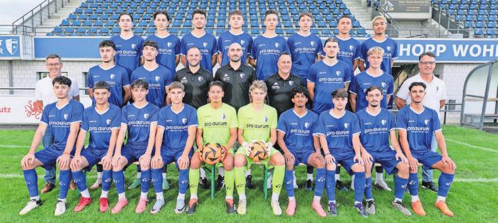 FC Wohlen, Saison 2024/25, hinten, von links: Kenan Domazet, Eyman Avci, Shpejtim Berisha, Lorik Kuqi, Mike Loepthien, Adil Besirevic, Luka Pavlovic, Zoran Filipovic. Mitte: Giusi Aurilio (Teammanager), Ercan Kacir, Marlon Rizzo, Nikola Bozic (Assistenztrainer), Rade Petkovic (Trainer), Maurizio De Lorenzo (Goalietrainer), Damjan Sucur, Sander Kalan, Gregi Trovato (Vorstand Sport). Vorne: Sasha Trovato, Leonard Alimi, Mario Strebel, Djellon Shahini, Cristian Galati, Robin Bruhn, Jerith Jesuratnam, Paris Kasemovic, Ensar Dullovi, Maurizio De Icco. Es fehlen: Dardan Pnishi und Radomir Damjanac (Physio).